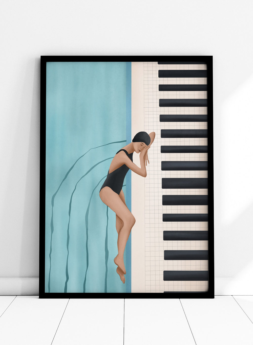 Woman in a black swimsuit diving into water next to a piano keyboard. Swimmer's Piano Dream by Flow Line features a swimmer resting beside piano keys, blending music, water, and surreal dreamlike imagery in modern wall art.