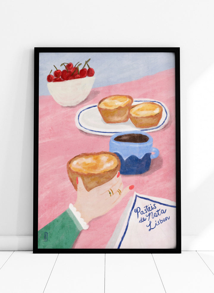 A stylized illustrated scene showing a hand holding a pastry, with two pastries on a plate, a cup of coffee, a bowl of cherries, and a napkin reading &