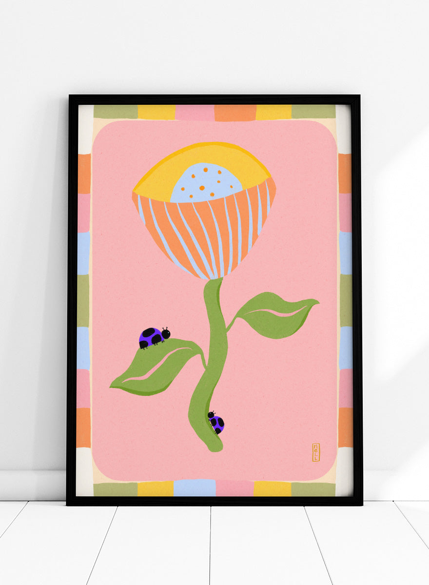 A stylized art print featuring a large flower with a yellow and orange striped bloom, green stem and leaves, and two ladybugs on a pink background with a multicolor border. Shop Pastel Flower Ladybugs by Dirkie Nell, a playful floral and insect art print featuring an oversized pastel flower, purple ladybugs, and a colorful retro border.