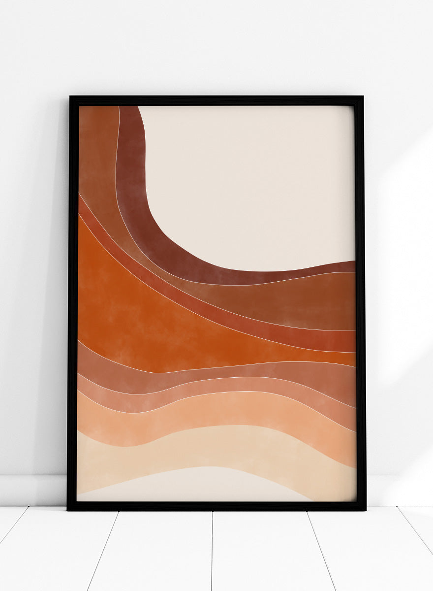 Shop Warm Desert Layers No.2 by Elena Ristova, a modern desert wall art print poster featuring flowing rust, peach, cream, and warm earthy layered shapes.