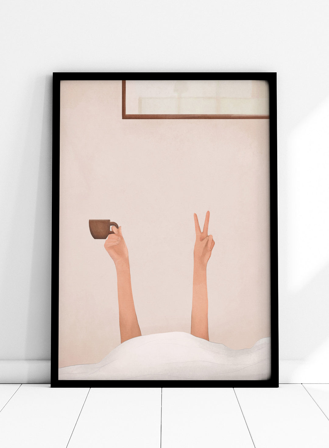 Person holding a cup with one hand and making a peace sign with the other, against a plain wall. Morning Coffee Peace by Flow Line is a playful coffee art print featuring a cozy bed scene, slow mornings, and minimalist bedroom wall art for modern interiors.
