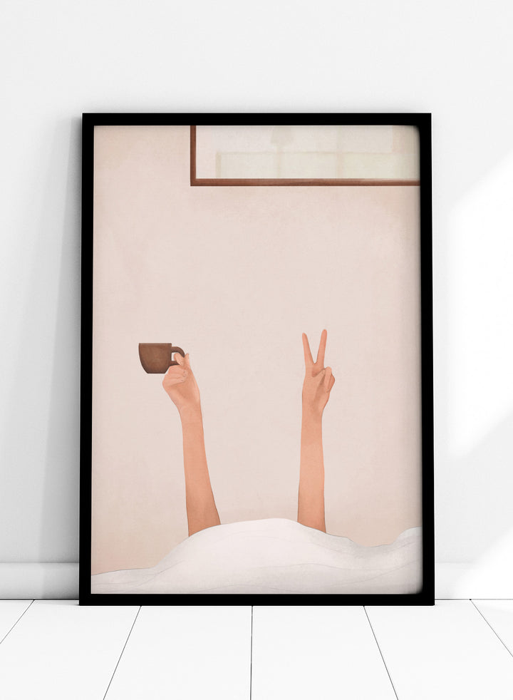 Person holding a cup with one hand and making a peace sign with the other, against a plain wall. Morning Coffee Peace by Flow Line is a playful coffee art print featuring a cozy bed scene, slow mornings, and minimalist bedroom wall art for modern interiors.
