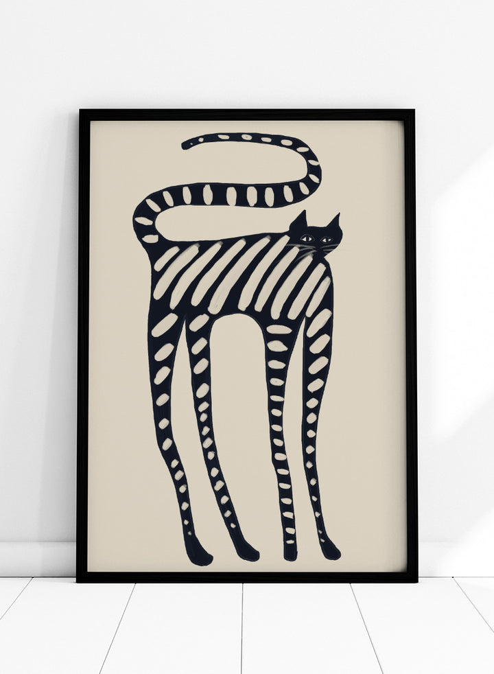 A stylized black cat illustration with bold diagonal stripes and white oval spots on a warm beige background. Striped Whimsical Cat by The Art Concept playful cat art print featuring an elongated black cat with cream stripes and an oversized looping tail.