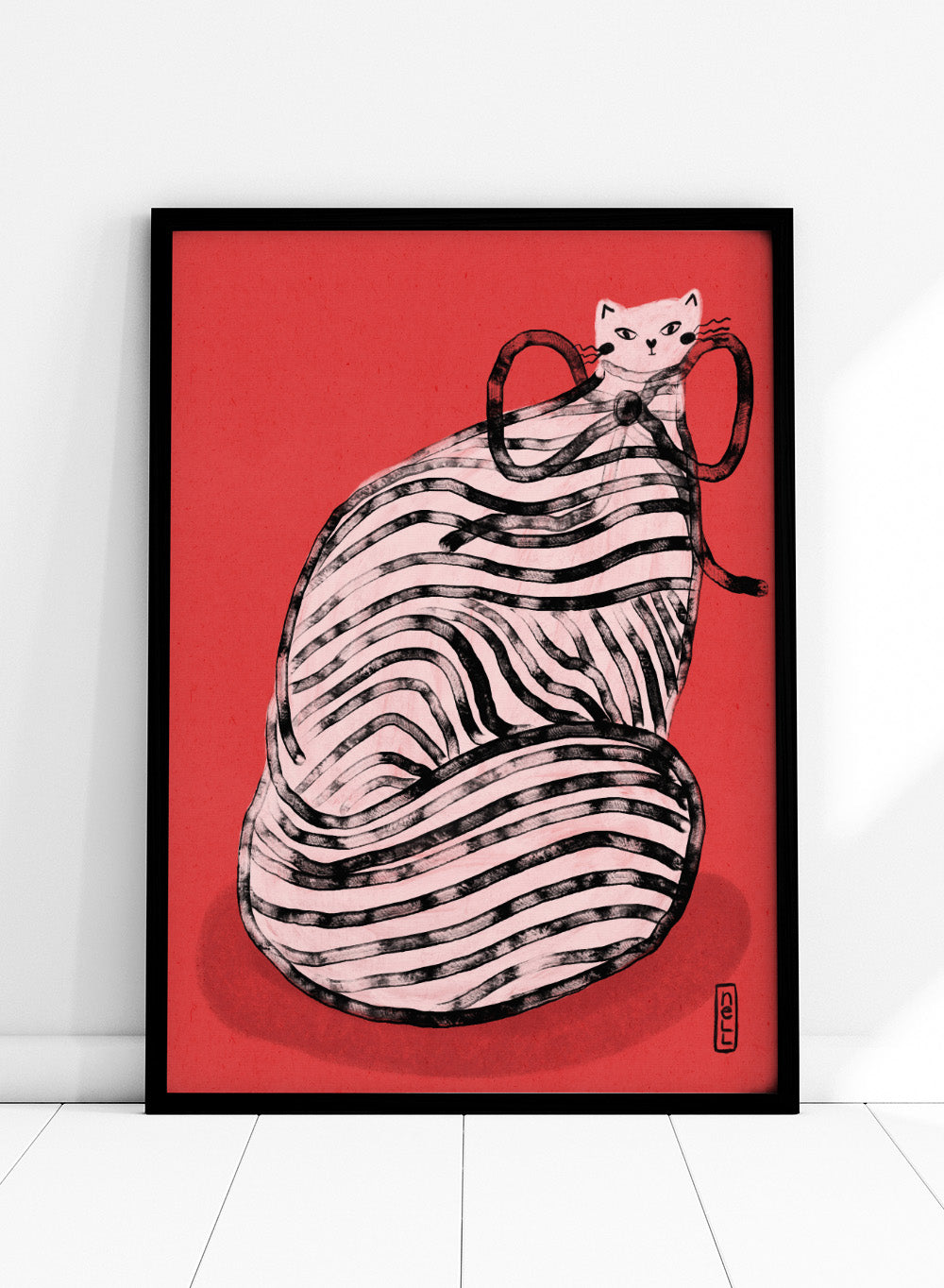 Illustration of a cat inside a ball of yarn on a red background. Black and White Striped Cat by Dirkie Nell is a playful cat art print featuring bold stripes and a red background. A colorful modern animal wall poster.