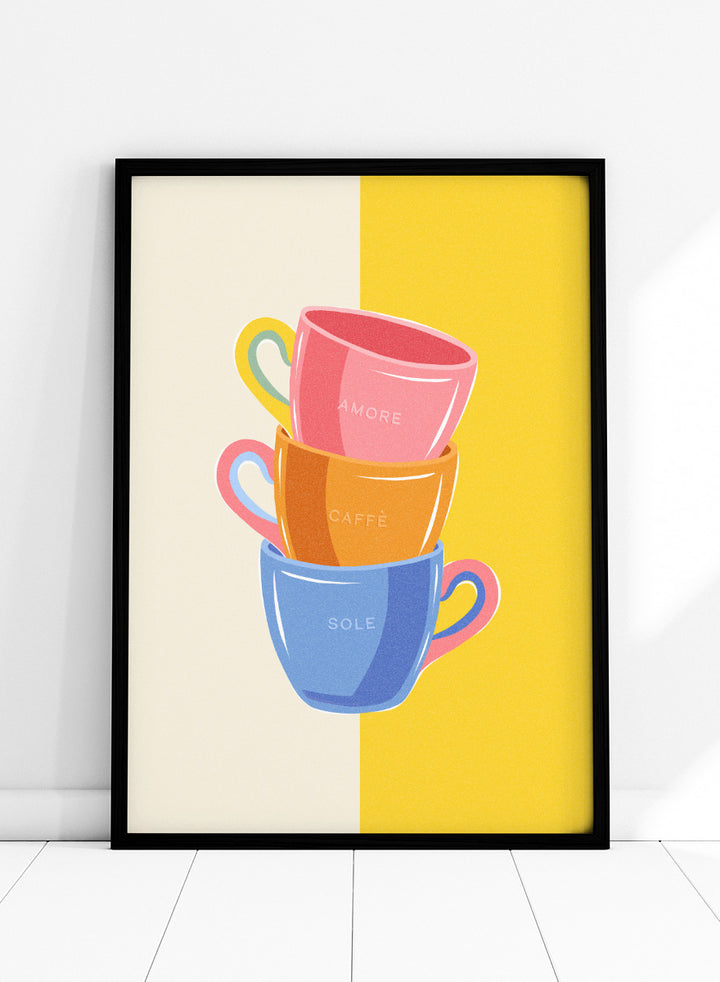 Shop Amore Caffè Sole Cups by Dominique Vari, a colorful kitchen wall art print poster featuring stacked coffee cups, Italian words, and retro café style.