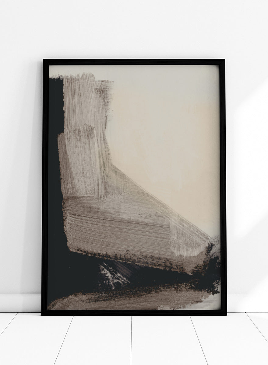Shop Mellow No. 02 by Dan Hobday, a contemporary abstract art print featuring taupe, cream, and black forms with bold layered brush texture.