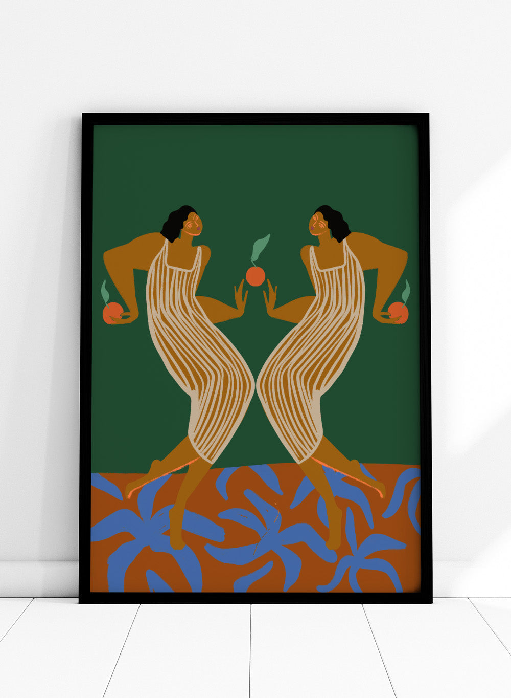 Artistic depiction of two women in a mirror, holding apples, with a green background and blue plant-like shapes at the bottom. Mirror by Arty Guava art print, modern woman illustration with oranges, contemporary figurative wall poster in bold green and warm tones.
