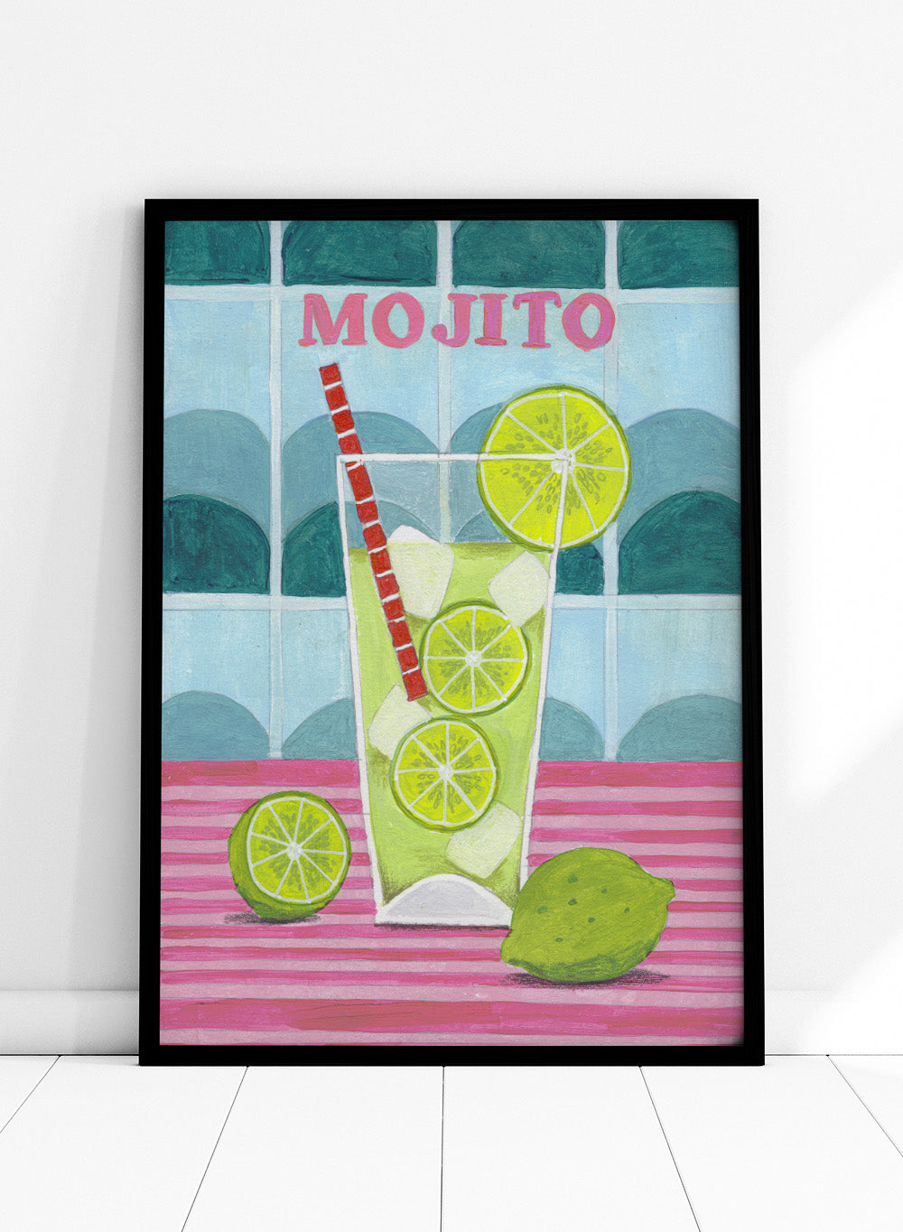 Illustration of a mojito cocktail with lime slices and a red straw on a tiled background. Glass of Mojito by Caroline Bonne Müller is a fine art print and wall poster featuring a lime mojito, citrus slices, and bold tiled background.