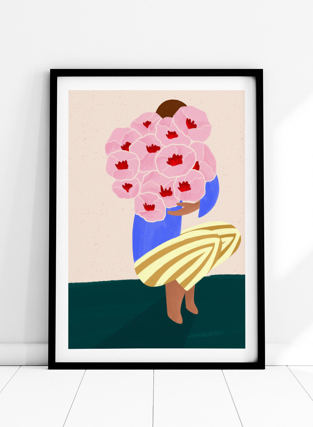 Bouquet of Flowers by Bea Müller is an officially licensed art print featuring a modern illustrated woman holding pink flowers. Available framed or unframed.