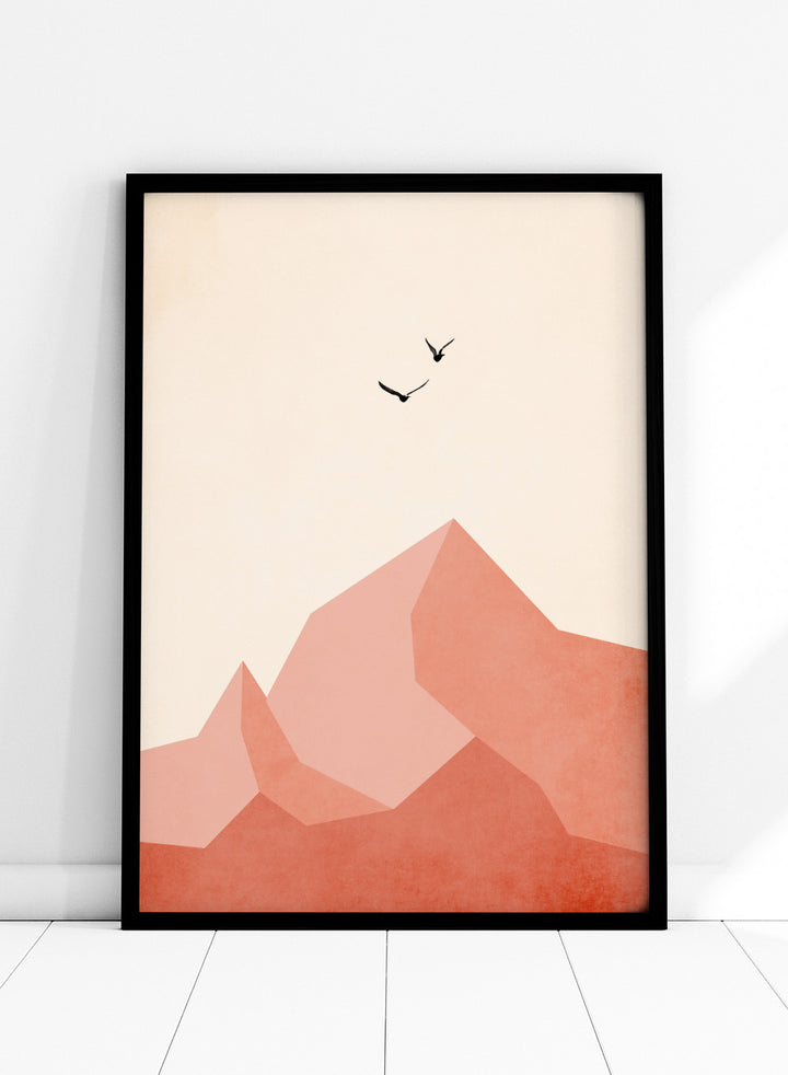 Abstract art print with geometric shapes and minimalistic birds on a beige background. Geometric mountain landscape art print with birds in flight by Kubistika. Warm terracotta illustration with minimalist design. Officially licensed wall poster.