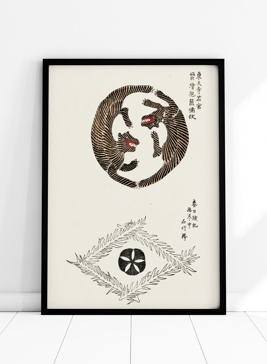 Tigers Yatsuo no Tsubaki by Taguchi Tomoki is a vintage Japanese art print featuring striped tigers, floral motifs, and traditional woodblock illustration.