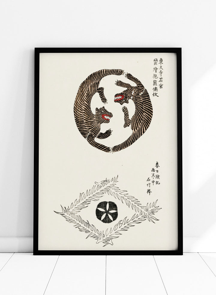 Tigers Yatsuo no Tsubaki by Taguchi Tomoki is a vintage Japanese art print featuring striped tigers, floral motifs, and traditional woodblock illustration.