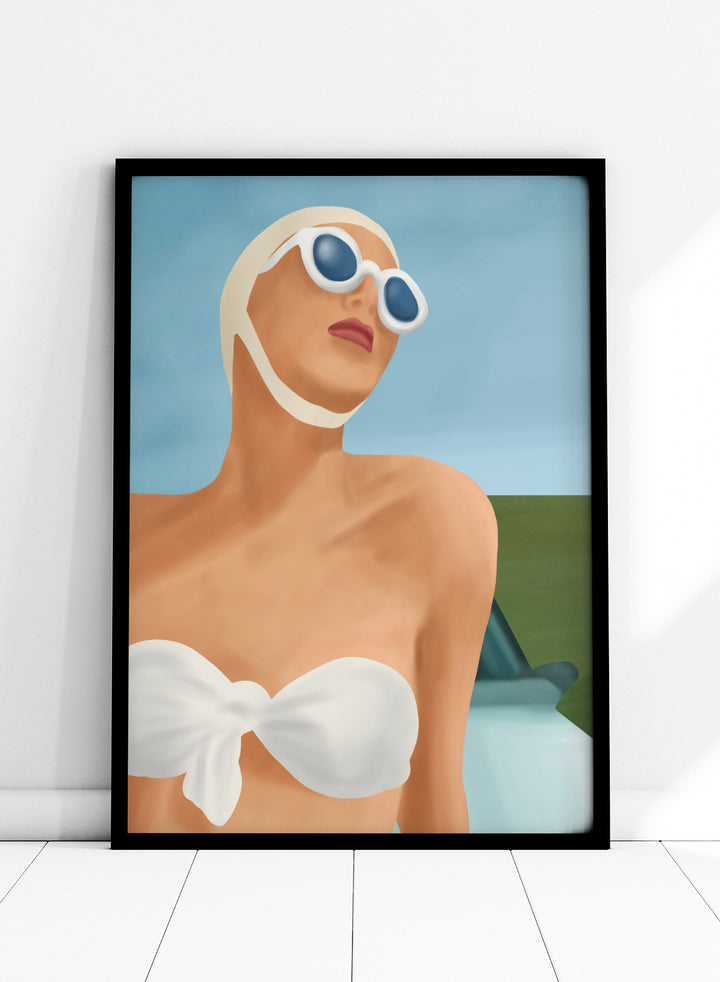 Woman wearing a white bikini and sunglasses with a car in the background. Retro Summer Swimmer by Flow Line is a retro pool art print featuring a vintage swimsuit, oversized sunglasses, resort style, summer decor, and feminine wall art.