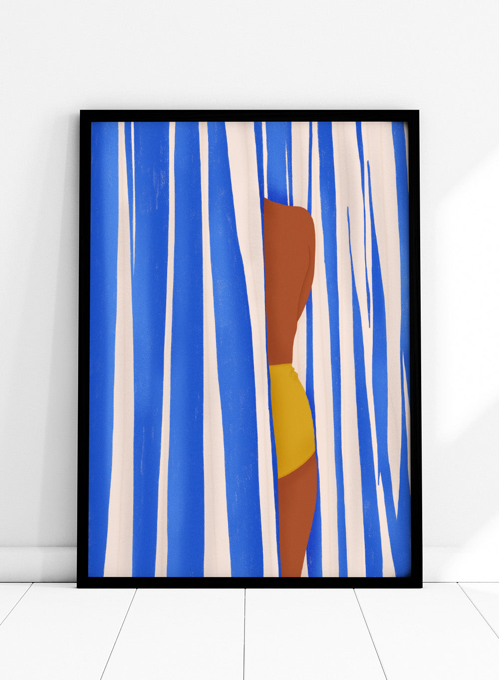Abstract artwork with vertical blue and white stripes and a brown and yellow shape. Summer Tan by Jota de Jai is a modern beach wall art print with blue stripes and a yellow swimsuit. Officially licensed fine art poster with optional wood frame.
