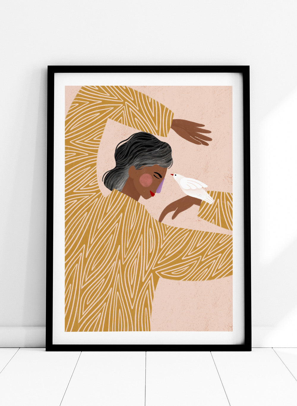 The Woman With a Bird by Bea Müller is an officially licensed art print featuring a modern illustrated woman and a white bird. Available framed or unframed.