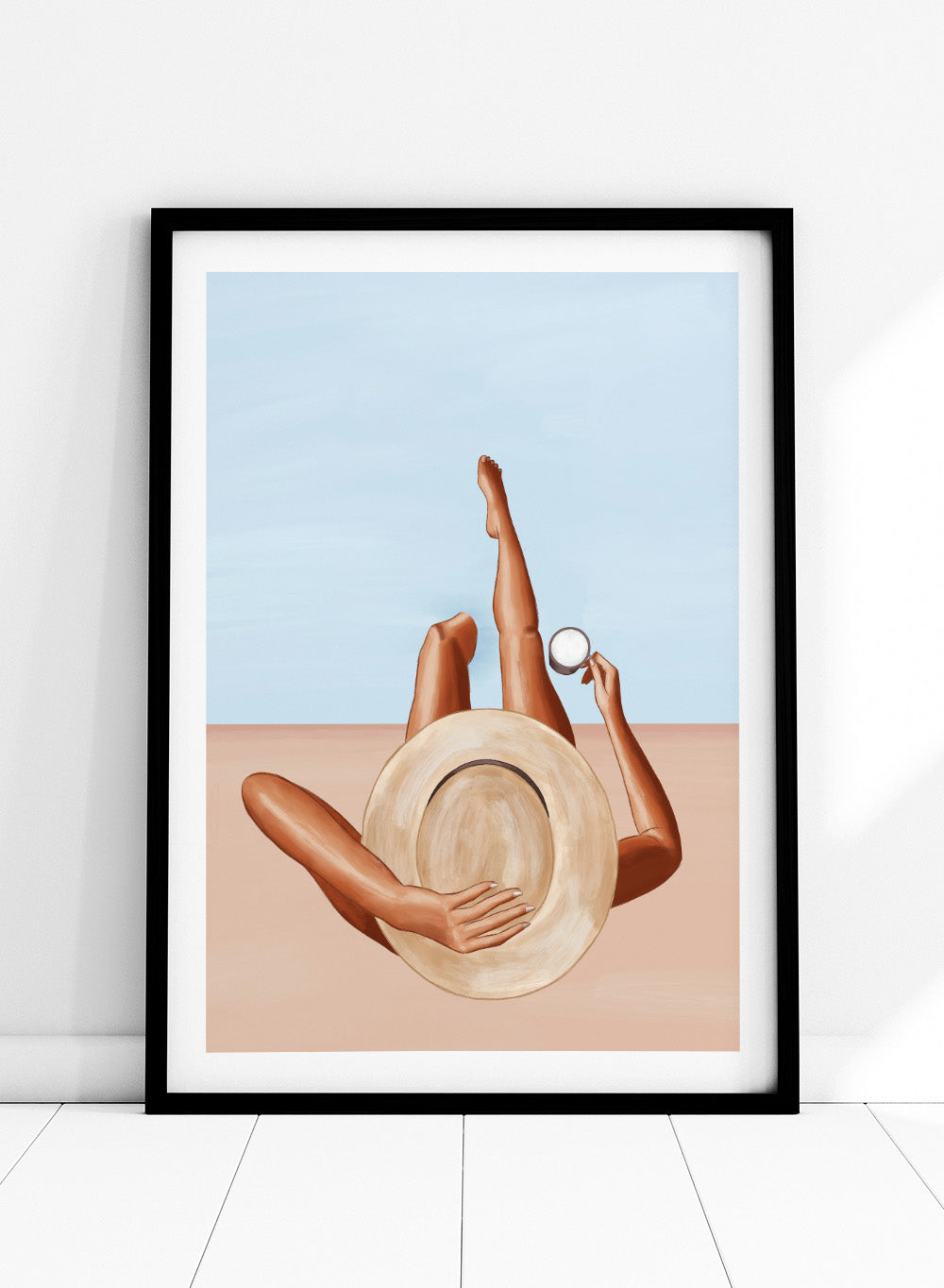 Poolside Girl by Ivy Green is a modern illustration art print featuring a woman relaxing poolside in the sun. Premium fine art print with optional wood framing.