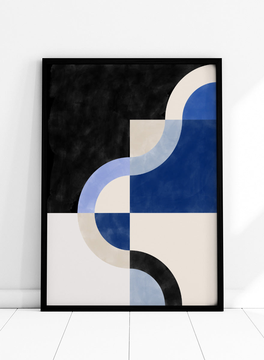 Shop Abstract Curves Flow by Elena Ristova, a modern abstract wall art print poster featuring sweeping blue curves, cream blocks, and bold black accents.