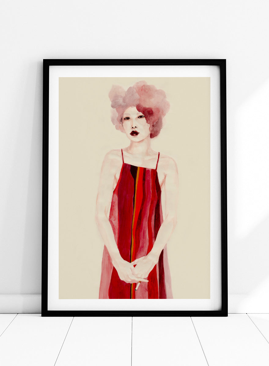 Shop Red Dress Portrait by Sophia Novosel, a modern female portrait wall art print poster featuring a woman in a red striped dress with soft pink hair.