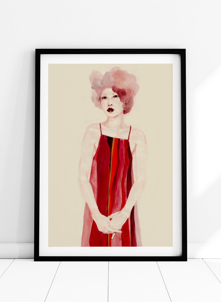 Shop Red Dress Portrait by Sophia Novosel, a modern female portrait wall art print poster featuring a woman in a red striped dress with soft pink hair.