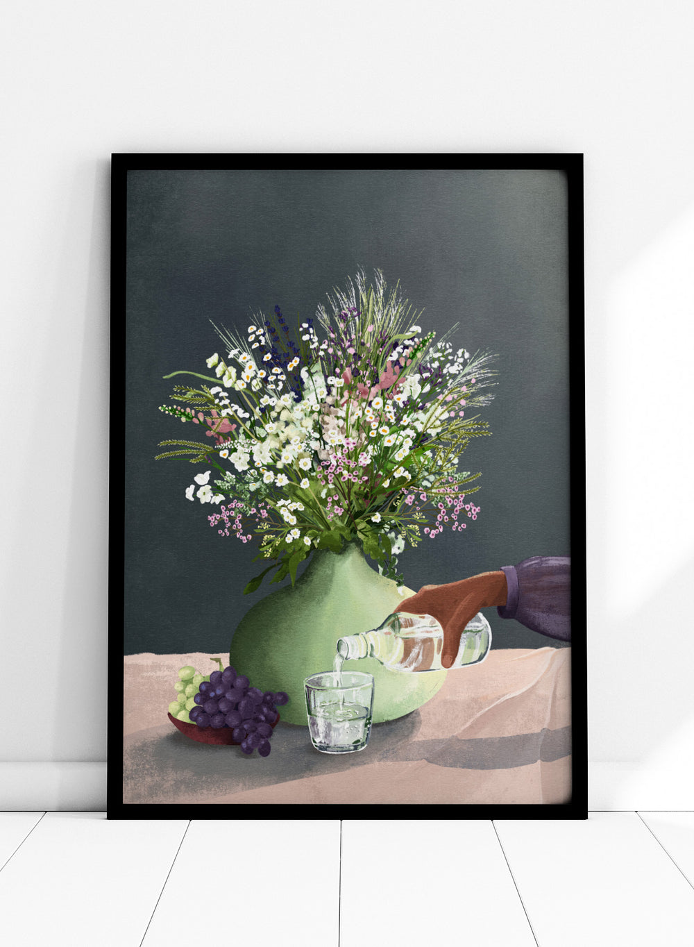 Still life with a green vase of flowers, grapes, and a glass being filled with a bottle. Frivolous Afternoon by Goed Blauw is a modern still life art print and wall poster featuring wildflowers, grapes, and a quiet pouring moment in soft, muted tones.