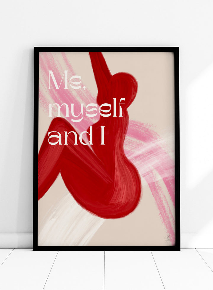 Abstract art with red shapes and 'Me, myself and I' text on a beige background. Red Woman by Anne-Marie Volfova is a modern figurative art print featuring bold red brushstrokes and empowering typography. Contemporary wall poster.