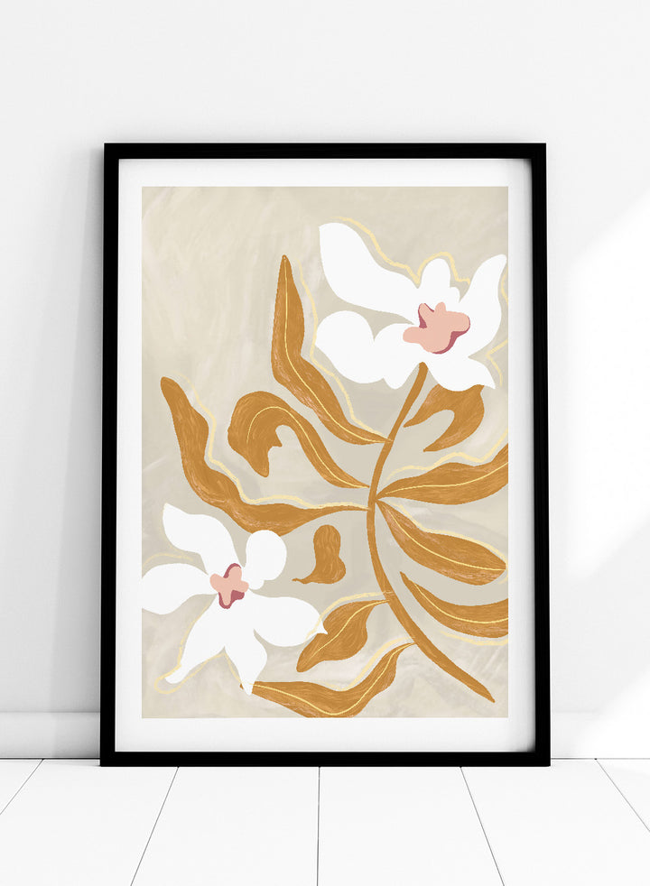 Decorative artwork with stylized flowers on a beige background. Flower Flower Flower by Arty Guava is a modern floral art print with oversized white blossoms and golden leaves. Officially licensed wall poster.