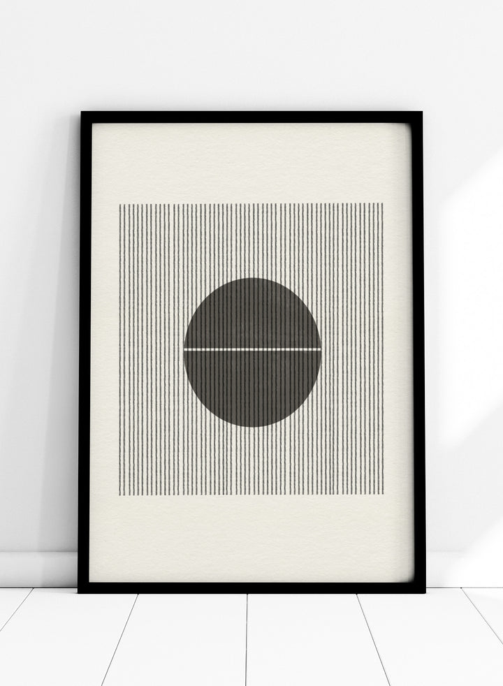Geometric design with a circle and horizontal line on a striped background. Line and Circle Harmony by The MIUUS Studio is a minimalist abstract art print and wall poster featuring geometric linework, bold contrast, and modern black and white design.
