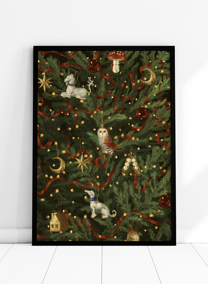 Shop Magical Christmas Tree by NKTN, a festive Christmas wall art print poster featuring woodland ornaments, moons, stars, ribbon, and glowing tree lights.