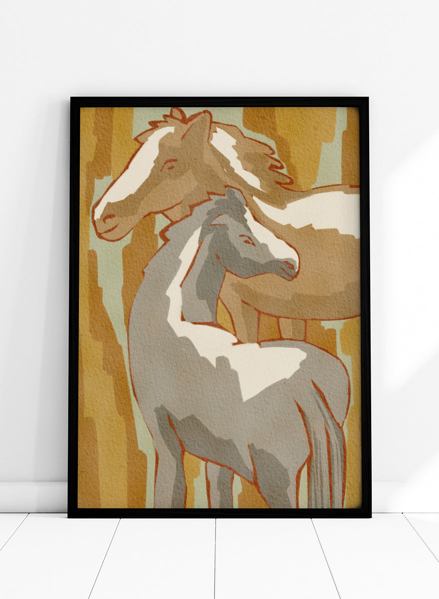 Shop Calm Horse Family by Nikita Jariwala, a modern horse wall art print featuring two horses in soft abstract shapes with warm ochre, cream, gray, and beige tones.
