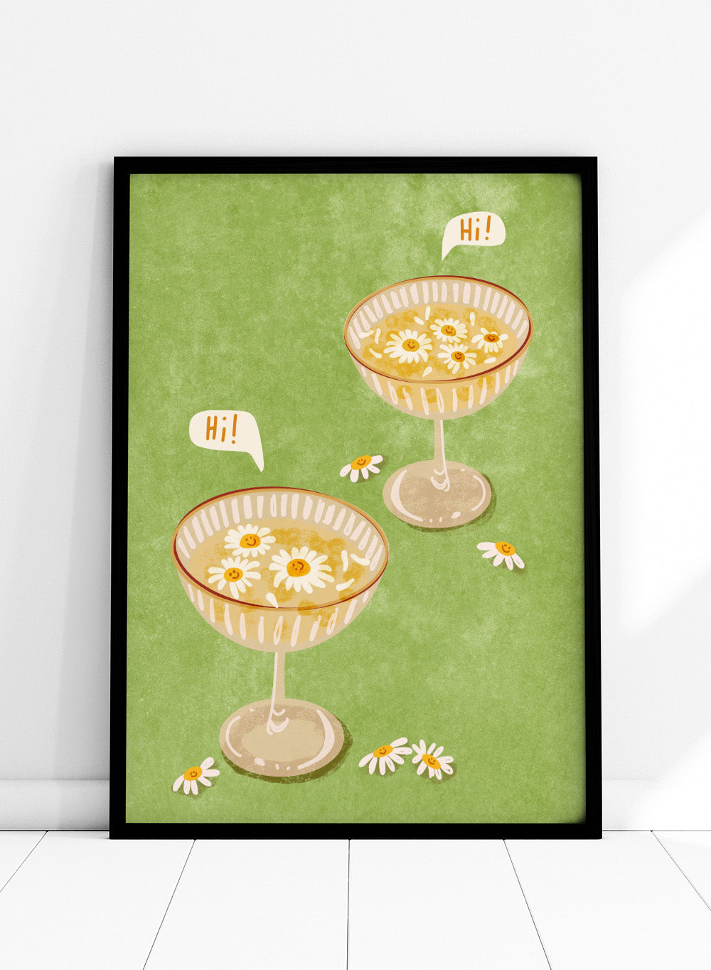 Illustration of two cocktail glasses with daisies on a green background. Hi by Raissa Oltmanns is a modern cocktail art print featuring smiling daisy drinks in playful contemporary wall poster style.