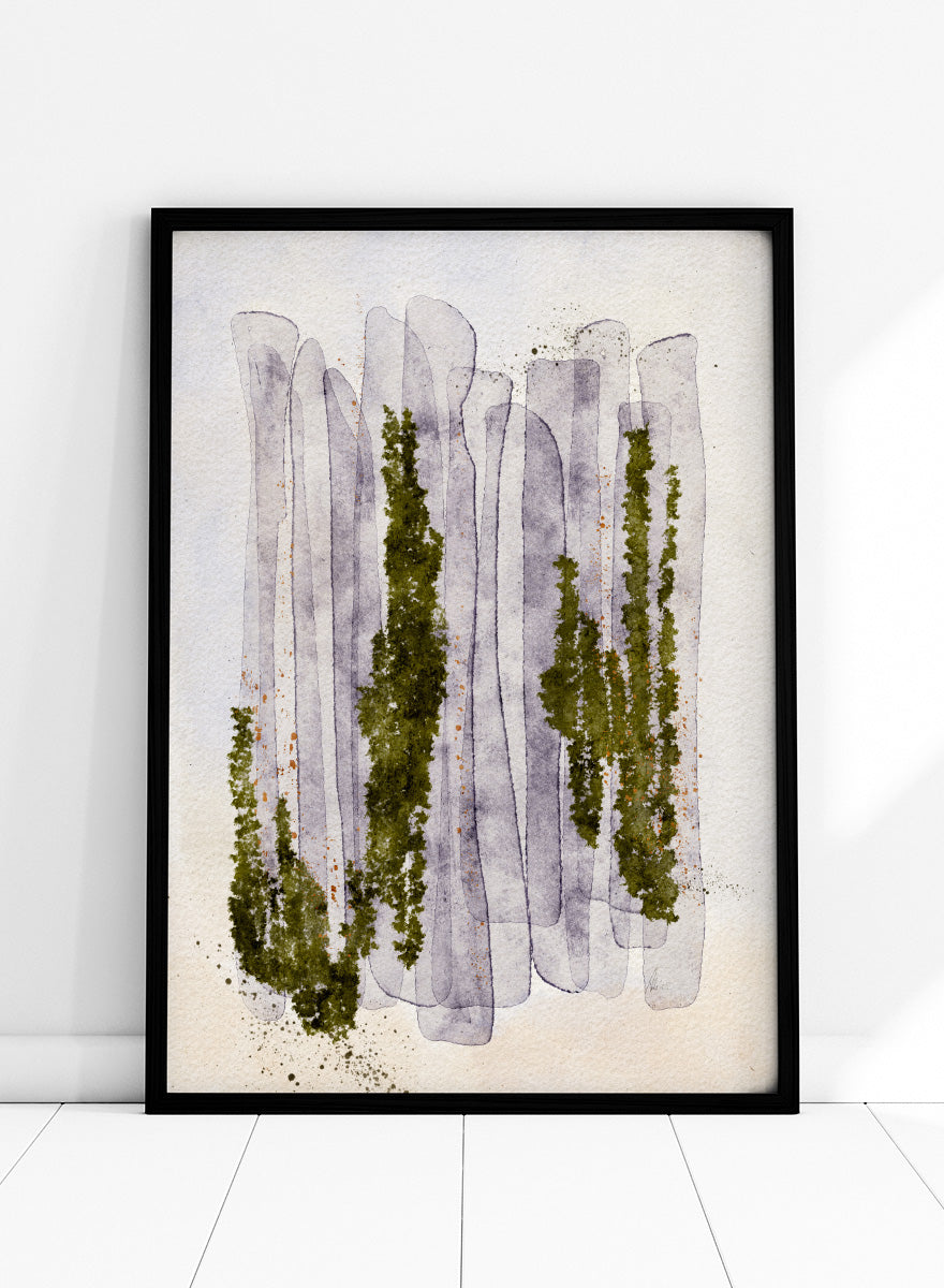 Shop Mossy Forest Abstract by Ankie Kooi, an abstract forest wall art print poster with watercolor trees, woodland art, green, purple, and cream.