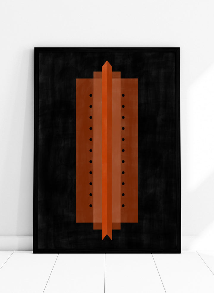Shop Orange Art Deco Structure by Elena Ristova, a modern abstract wall art print poster featuring bold orange geometry, black dots, and strong symmetry.