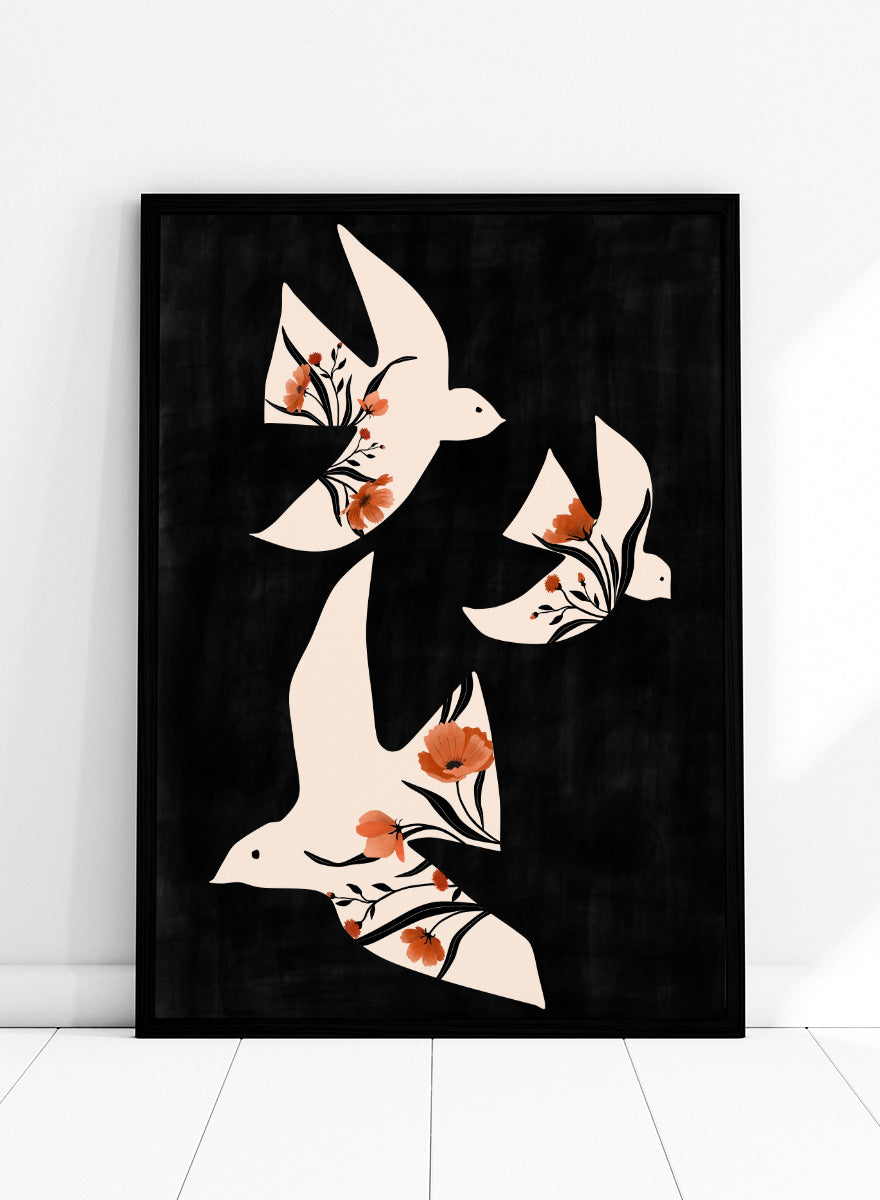 Shop Floral Dove Flight by Elena Ristova, a modern bird wall art print poster featuring cream doves filled with terracotta flowers on a black background.