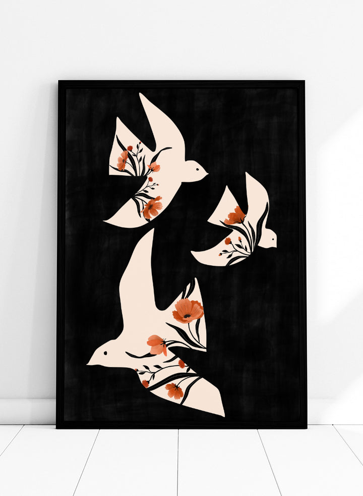 Shop Floral Dove Flight by Elena Ristova, a modern bird wall art print poster featuring cream doves filled with terracotta flowers on a black background.