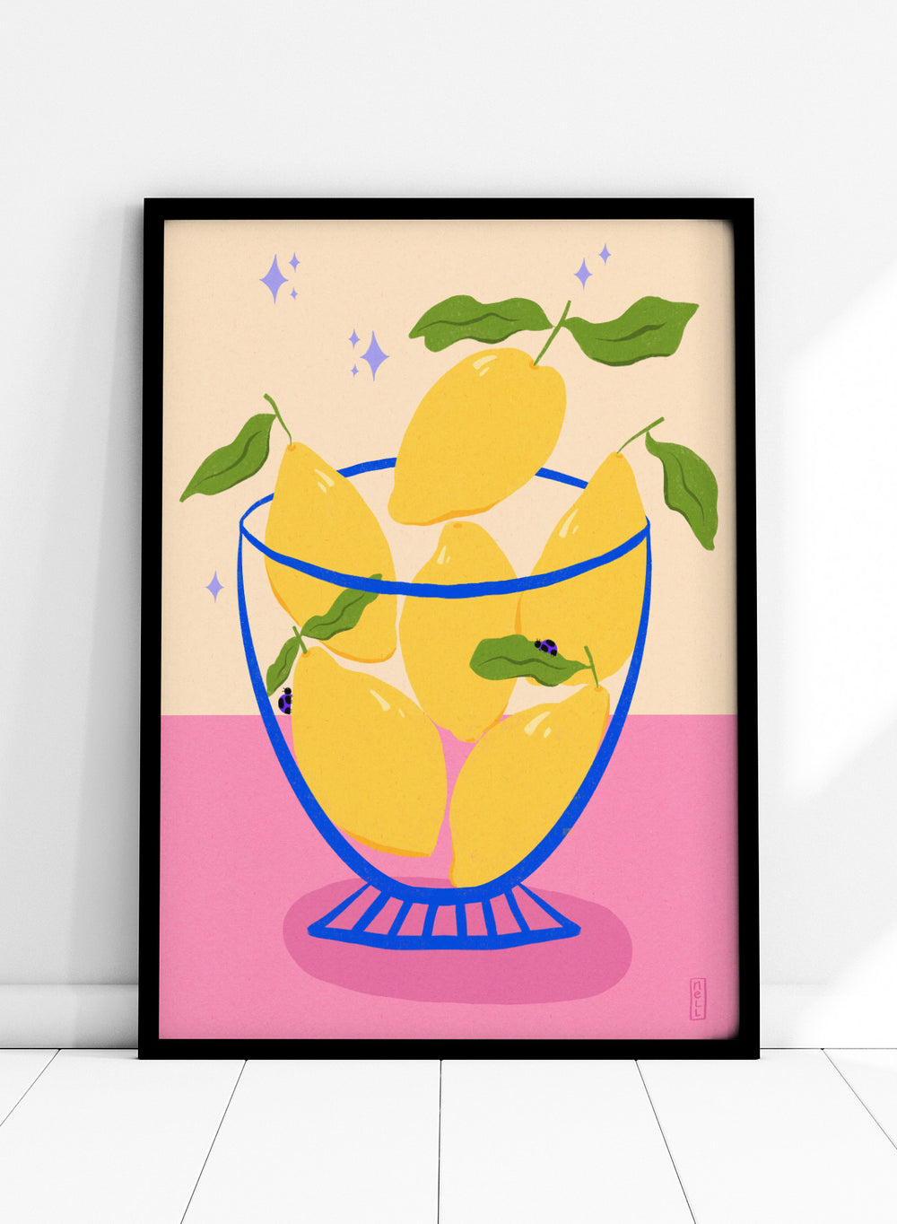 Illustration of lemons in a glass bowl with green leaves on a pink and beige background. Blue Floral Arrangement by Dirkie Nell is a botanical floral art print featuring deep blue flowers, folk inspired illustration, modern wall art, and expressive hand painted details.
