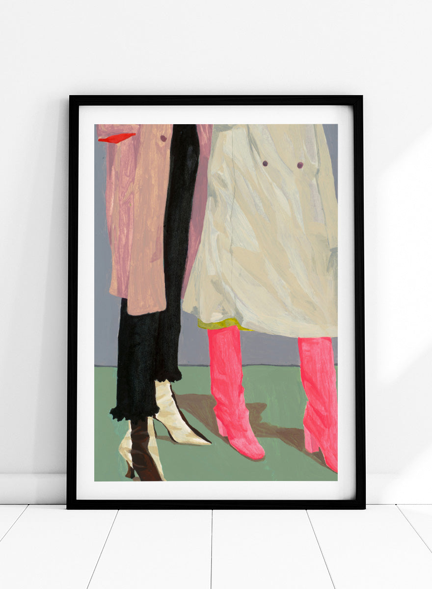 Shop Pink Boots Style by Sophia Novosel, a modern fashion wall art print poster featuring hot pink boots, cream heels, layered coats, and a cropped street-style scene.