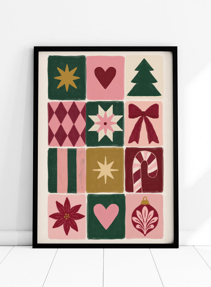 Shop Festive Christmas Grid by Katarzyna Gąsiorowska, a Christmas wall art print poster featuring a tree, bow, candy cane, poinsettia, ornament, and holiday motifs.