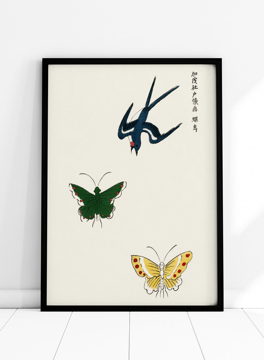 Swallow and Butterflies by Taguchi Tomoki from Yatsuo no Tsubaki is a vintage Japanese woodblock art print featuring a blue swallow and colorful butterflies on warm ivory.