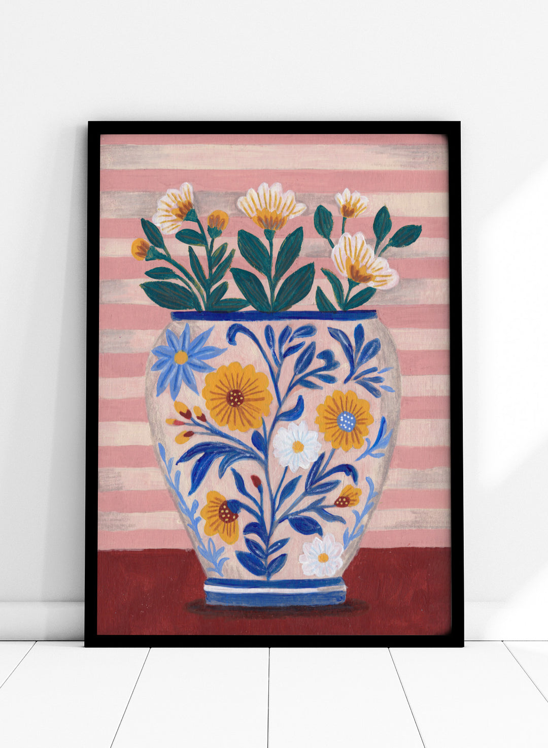 Decorative vase with floral design on a striped background. Potted Florals Pastels & Stripes by Caroline Bonne Müller is a fine art print and wall poster featuring a floral vase with pastel stripes background.