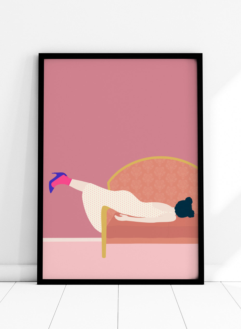 Illustration of a person lying on a sofa with a pink background. Maddie’s Mood by Jota De Jai is a playful contemporary art print of a woman lounging on a vintage sofa in a bold pink room. Officially licensed wall poster with framing.