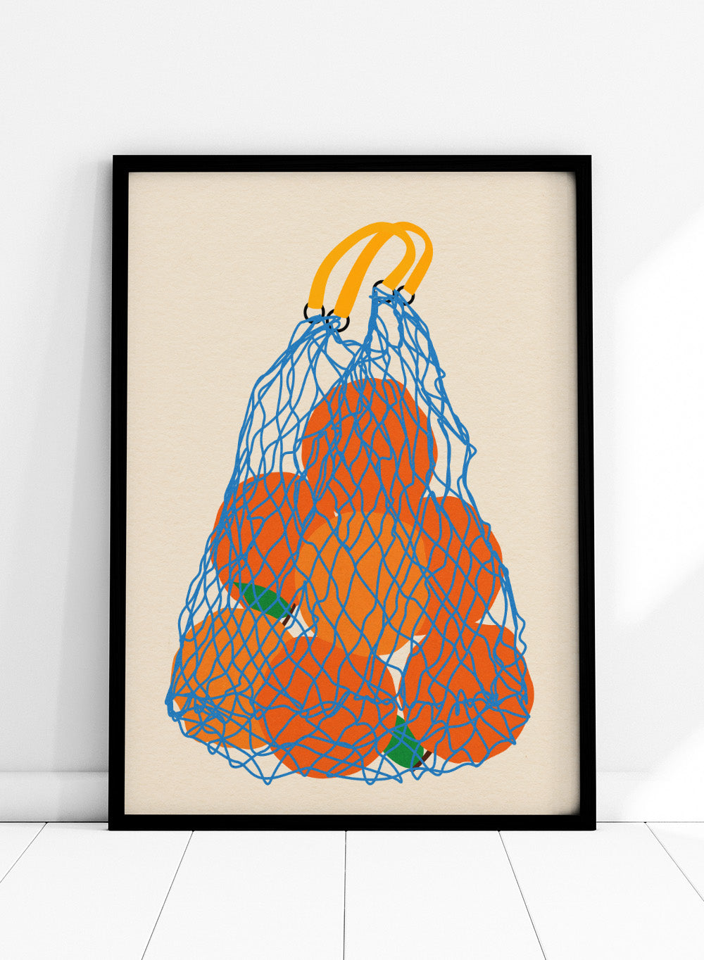 Blue mesh bag filled with orange fruits on a beige background. Oranges In a Net Bag by Rosi Feist is a modern minimalist fruit art print with bold color and Bauhaus-inspired graphic design. Officially licensed fine art poster with framing.