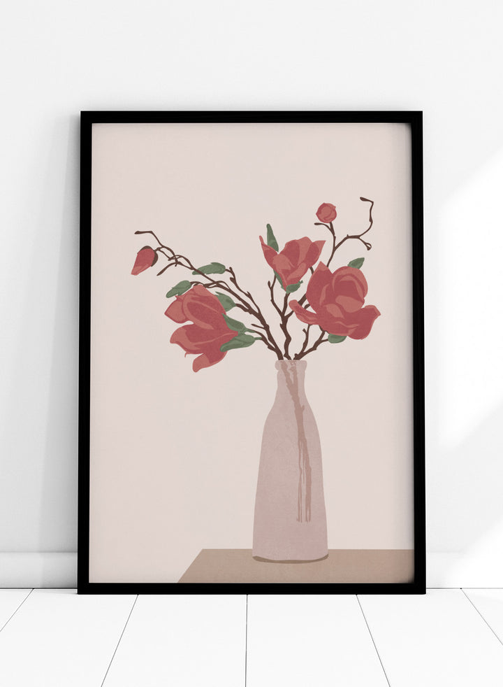 Vase with red flowers on a beige background. Vase by Flow Line is a modern still life art print featuring soft pink flowers in a ceramic vase. A warm, minimal wall poster from the It’s All Love collection.
