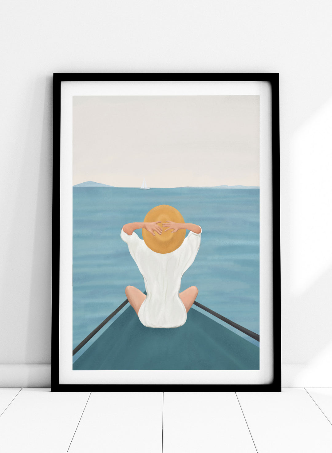 Person sitting on a dock over water wearing a white dress and straw hat. Ocean Escape by Flow Line features a woman sitting on a boat overlooking the sea, creating a coastal art print inspired by travel, summer, and ocean living.