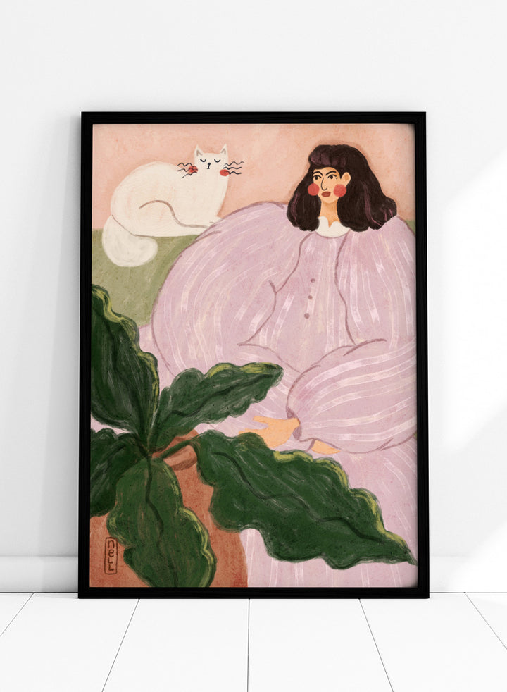 A stylized painting of a woman in a pale pink striped dress seated beside a white cat, with large green leaves in the foreground and a peach background. Cozy Woman With Cat by Dirkie Nell is a colorful portrait and animal art print featuring a woman in lavender, a white cat, oversized leaves, and soft pink tones.