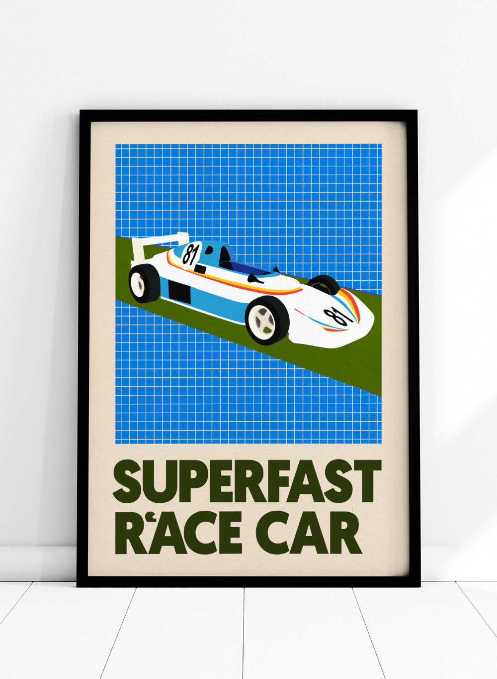 Poster of a race car with 'Superfast Race Car' text on a grid background. Superfast Race Car by Rosi Feist is a modern race car art print with bold graphic color, retro motorsport style, and contemporary poster design.