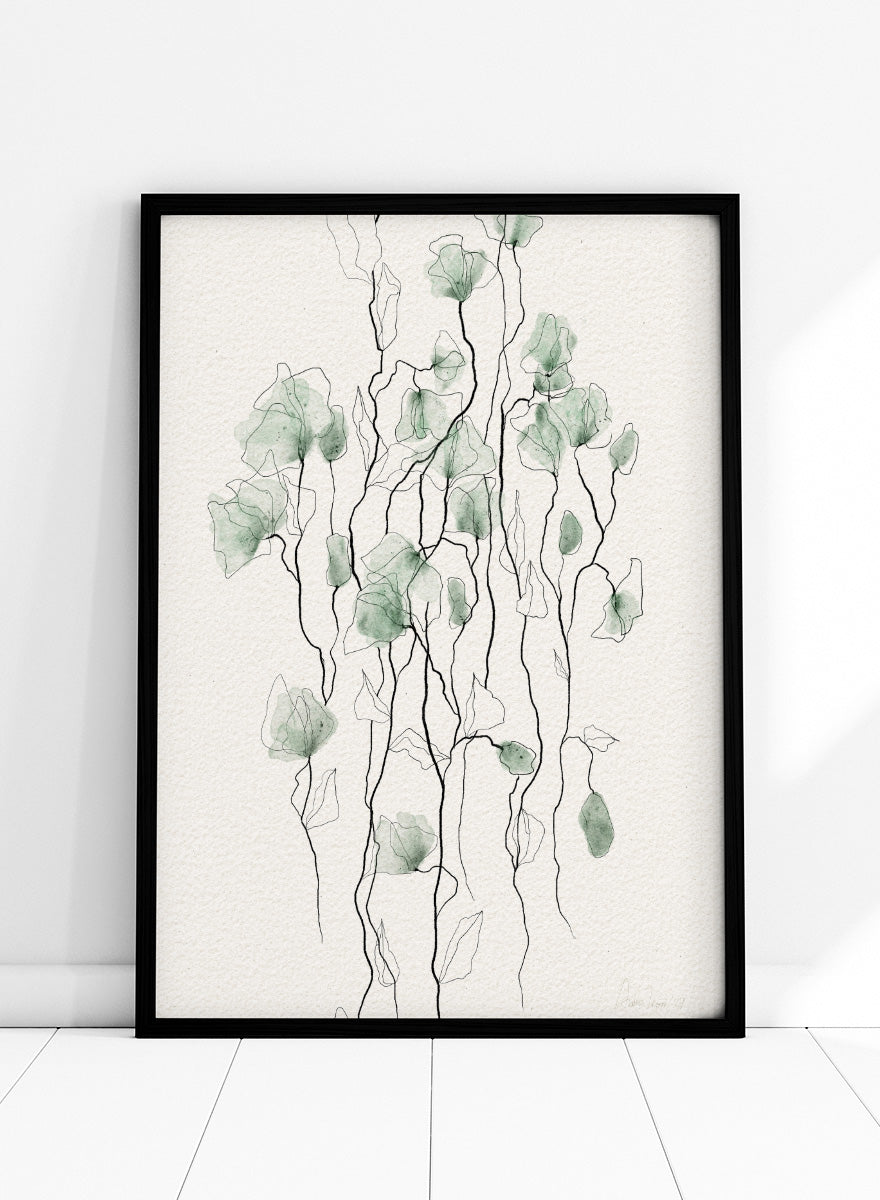 Shop Flowing Green Florals by Ankie Kooi, a botanical wall art print poster with green flowers, watercolor florals, and delicate line art stems.