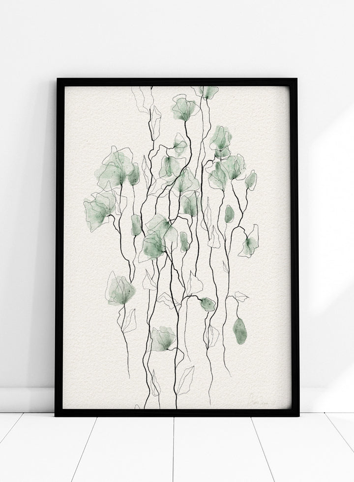 Shop Flowing Green Florals by Ankie Kooi, a botanical wall art print poster with green flowers, watercolor florals, and delicate line art stems.