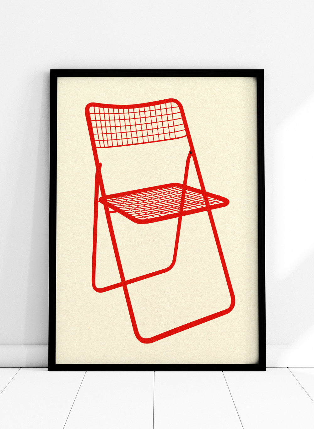 Red metal chair on a beige background. Modern chair wall art print by Rosi Feist featuring a bold red wire net chair illustration. Contemporary minimalist poster for design lovers.