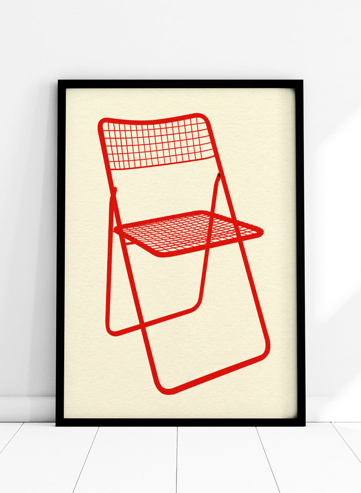 Red metal chair on a beige background. Modern chair wall art print by Rosi Feist featuring a bold red wire net chair illustration. Contemporary minimalist poster for design lovers.