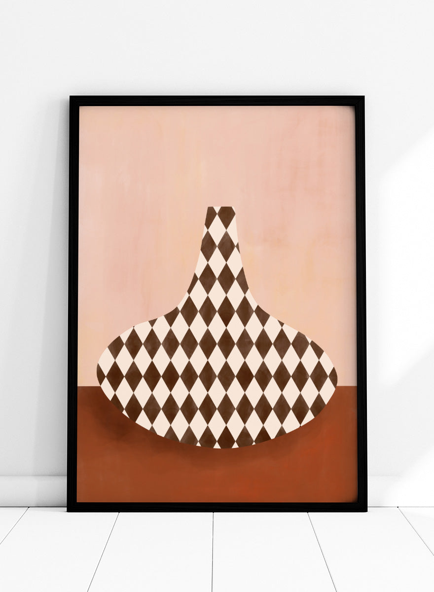Shop Abstract Harlequin Vase by Elena Ristova, a modern wall art print poster featuring a brown-and-cream diamond vase against a soft pink background.